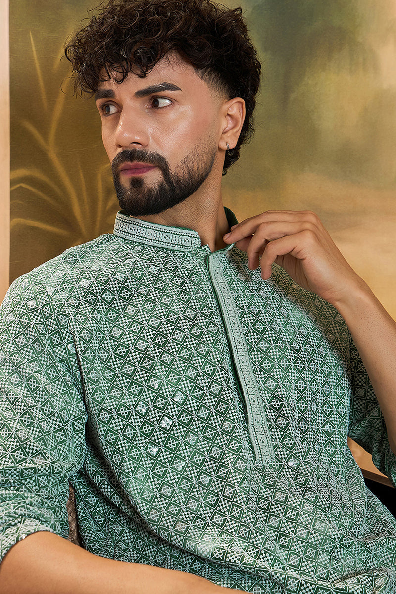 green viscose rayon shibori embroidered straight kurta