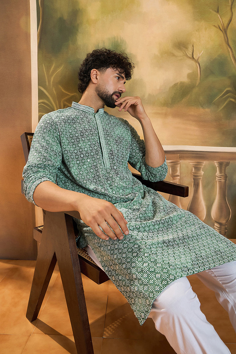 green viscose rayon shibori embroidered straight kurta