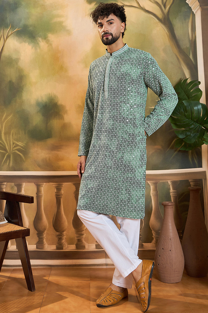 green viscose rayon shibori embroidered straight kurta