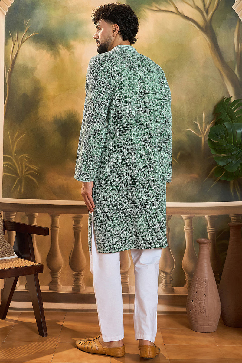 green viscose rayon shibori embroidered straight kurta