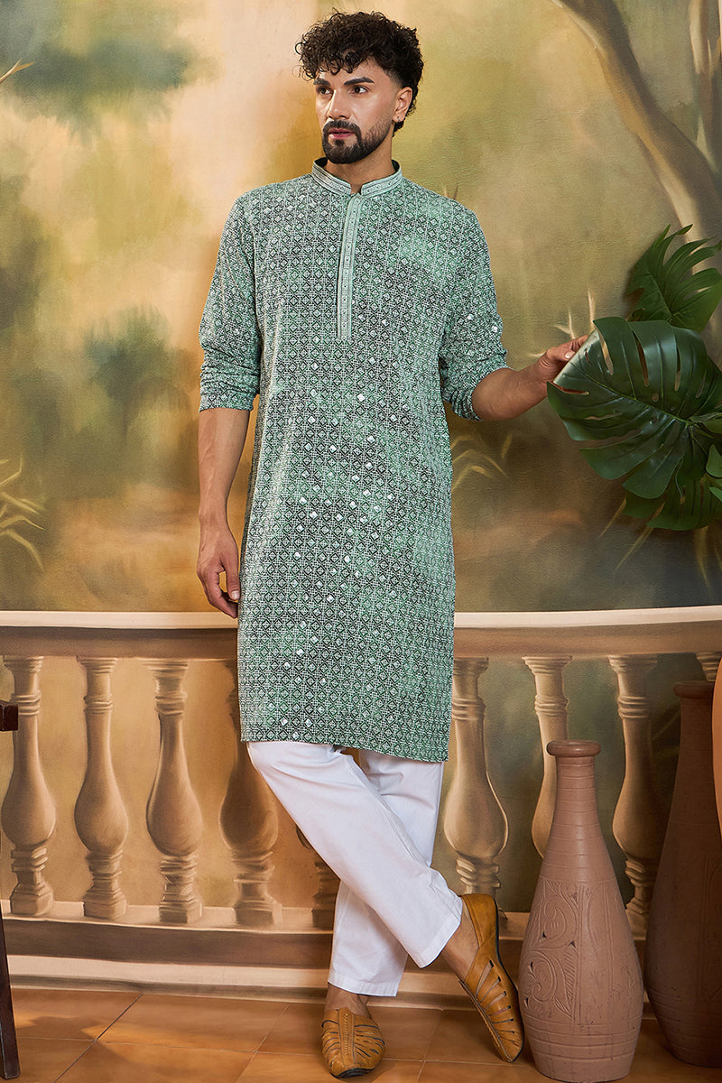 green viscose rayon shibori embroidered straight kurta