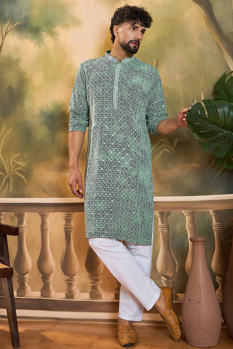 green viscose rayon shibori embroidered straight kurta