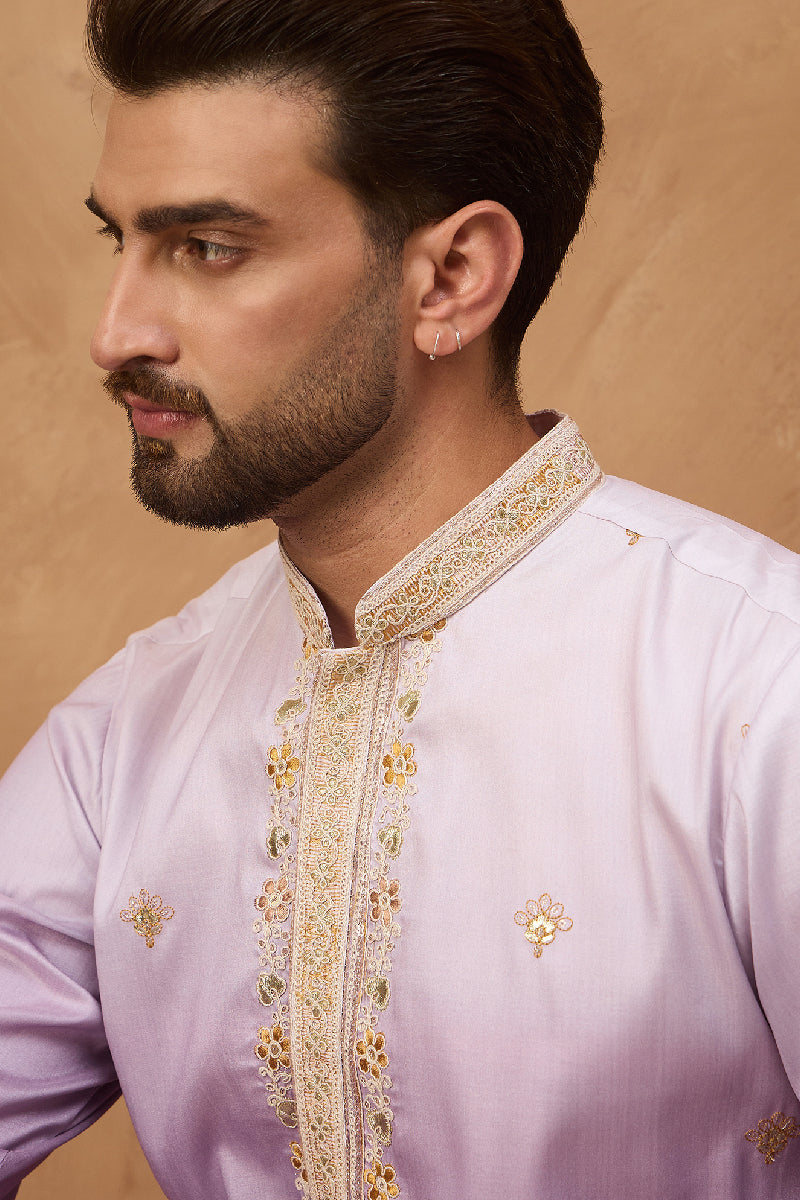 Purple Silk Blend Solid Embroidered Straight Kurta With Pant Set MKSET1487