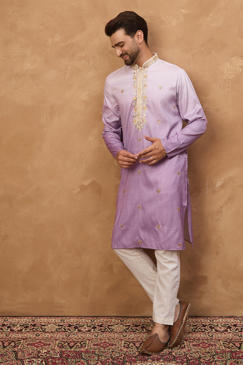 Purple Silk Blend Solid Embroidered Straight Kurta With Pant Set MKSET1487