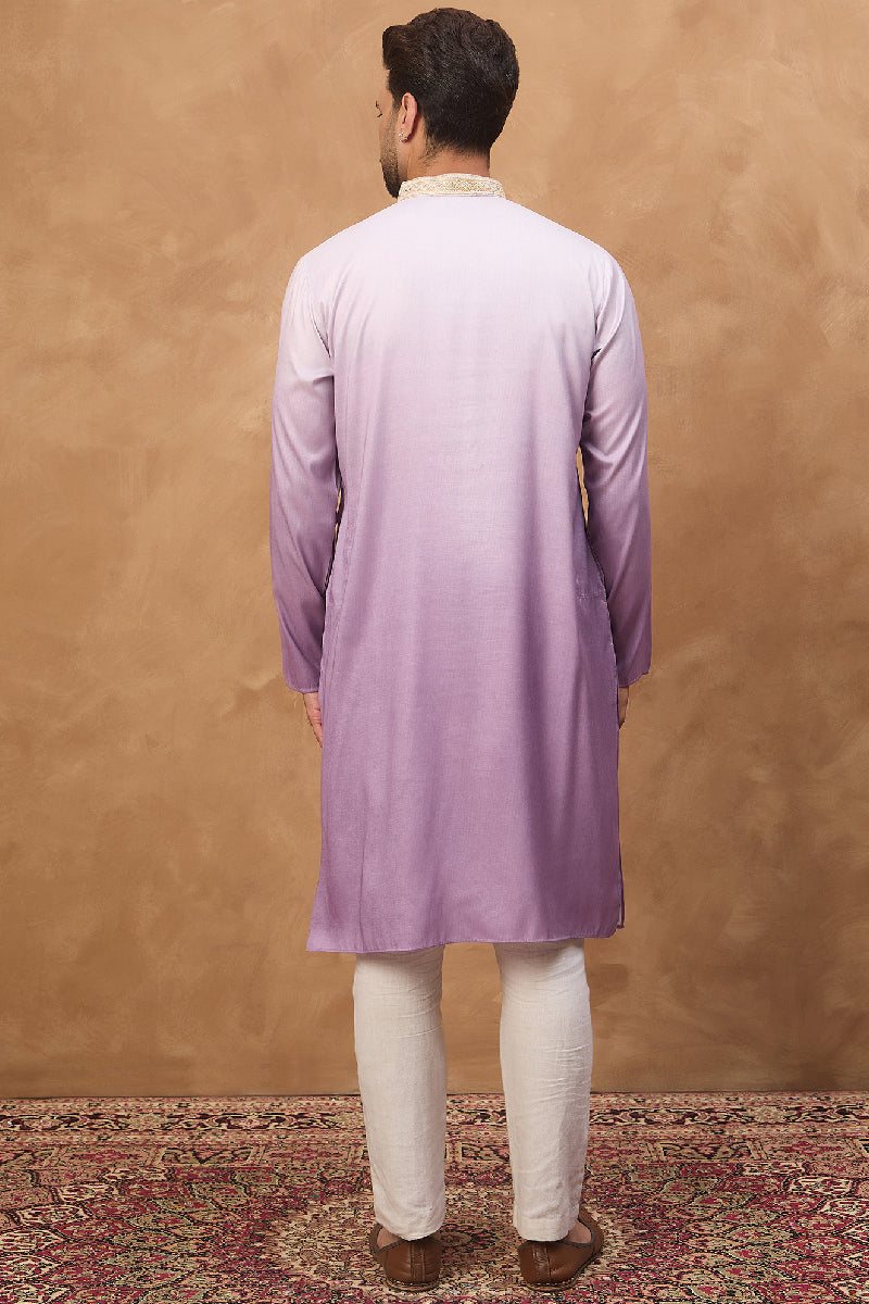 Purple Silk Blend Solid Embroidered Straight Kurta With Pant Set