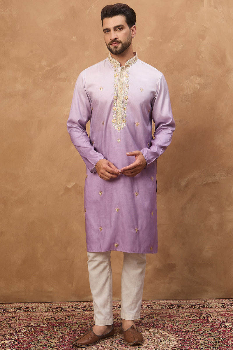 Purple Silk Blend Solid Embroidered Straight Kurta With Pant Set