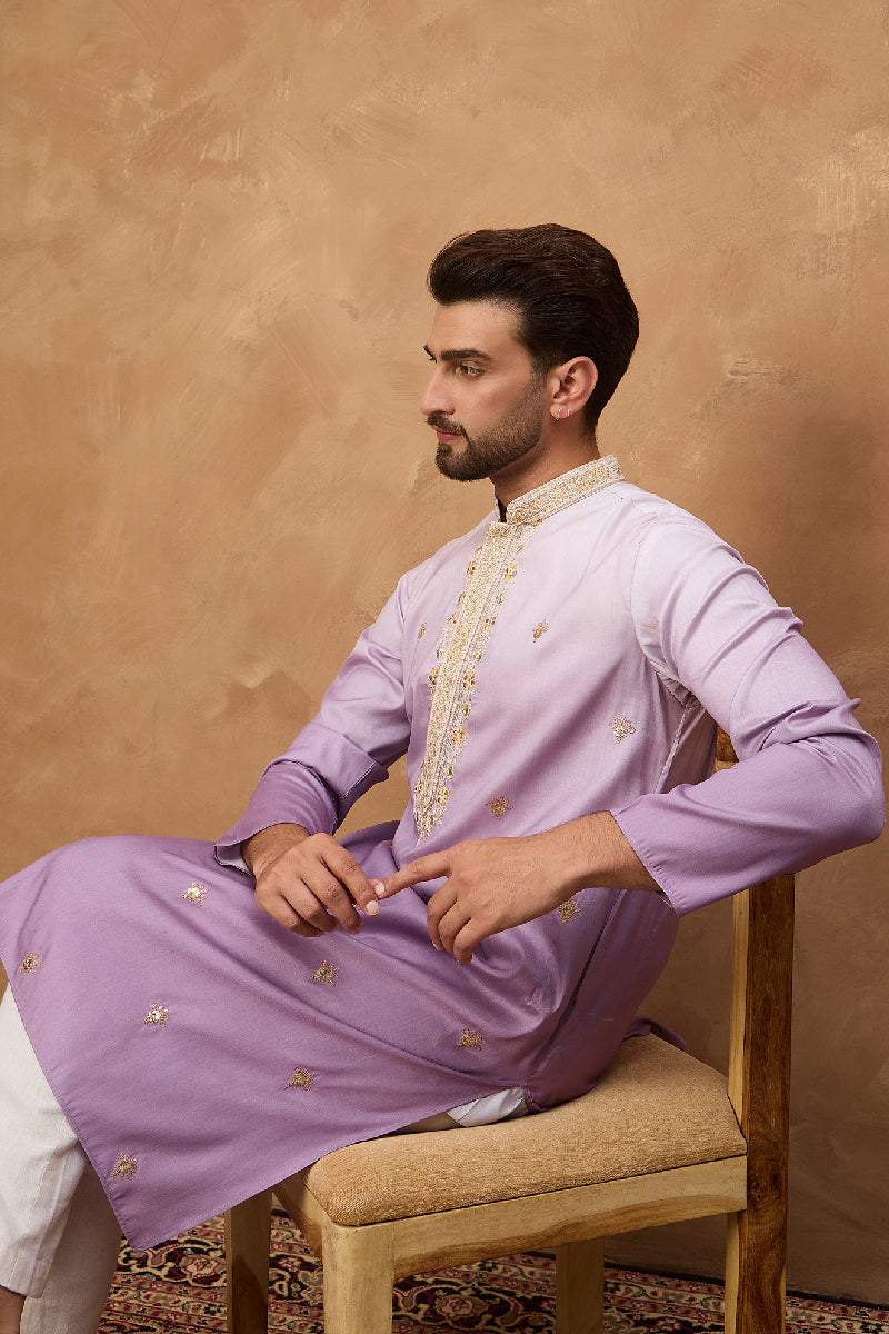 Purple Silk Blend Solid Embroidered Straight Kurta With Pant Set MKSET1487