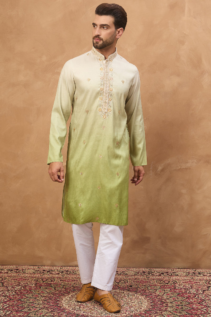 Green Silk Blend Solid Embroidered Straight Kurta With Pant Set MKSET1488