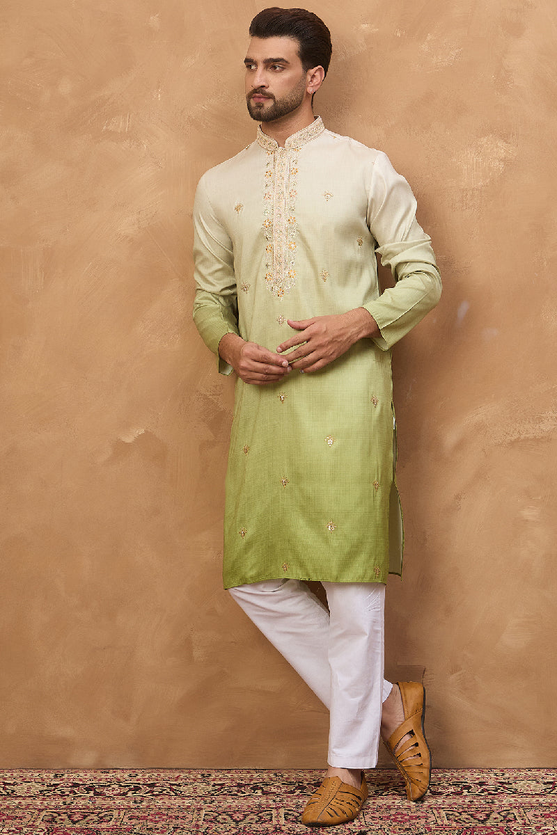 Green Silk Blend Solid Embroidered Straight Kurta With Pant Set