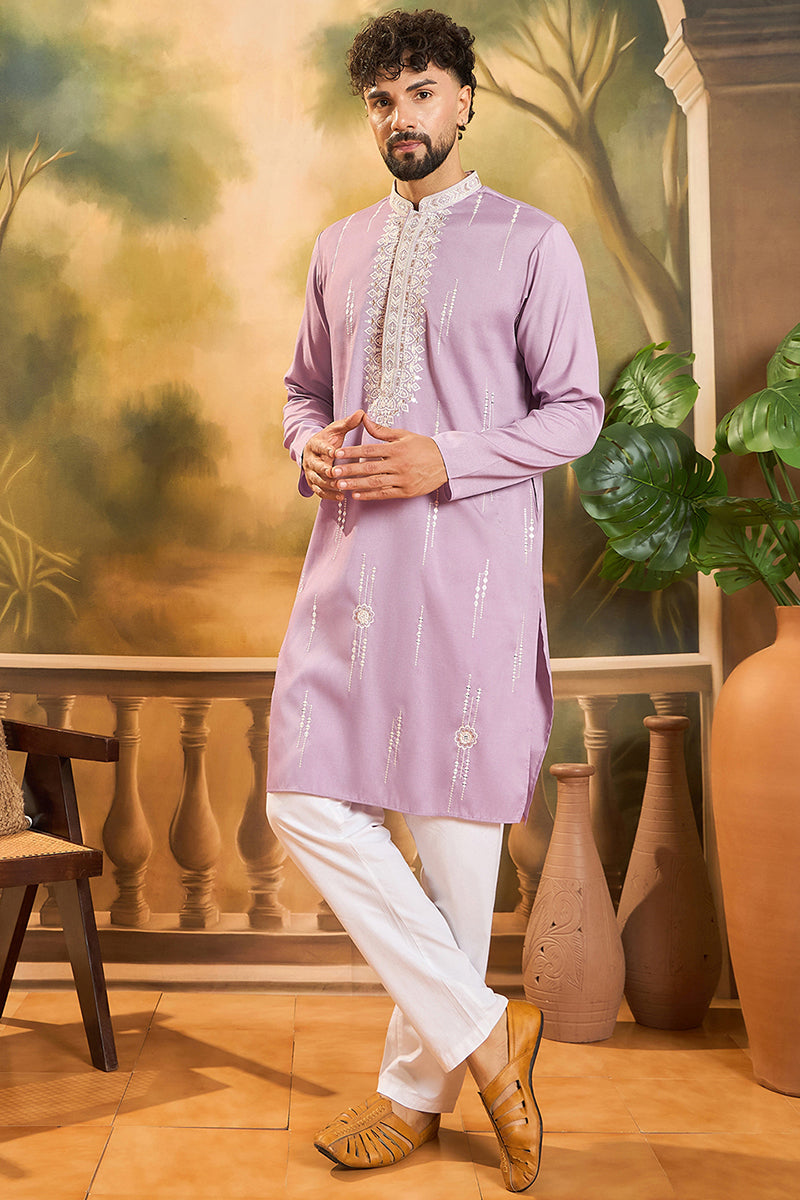 Lavender Silk Blend Solid Embroidered Straight Kurta