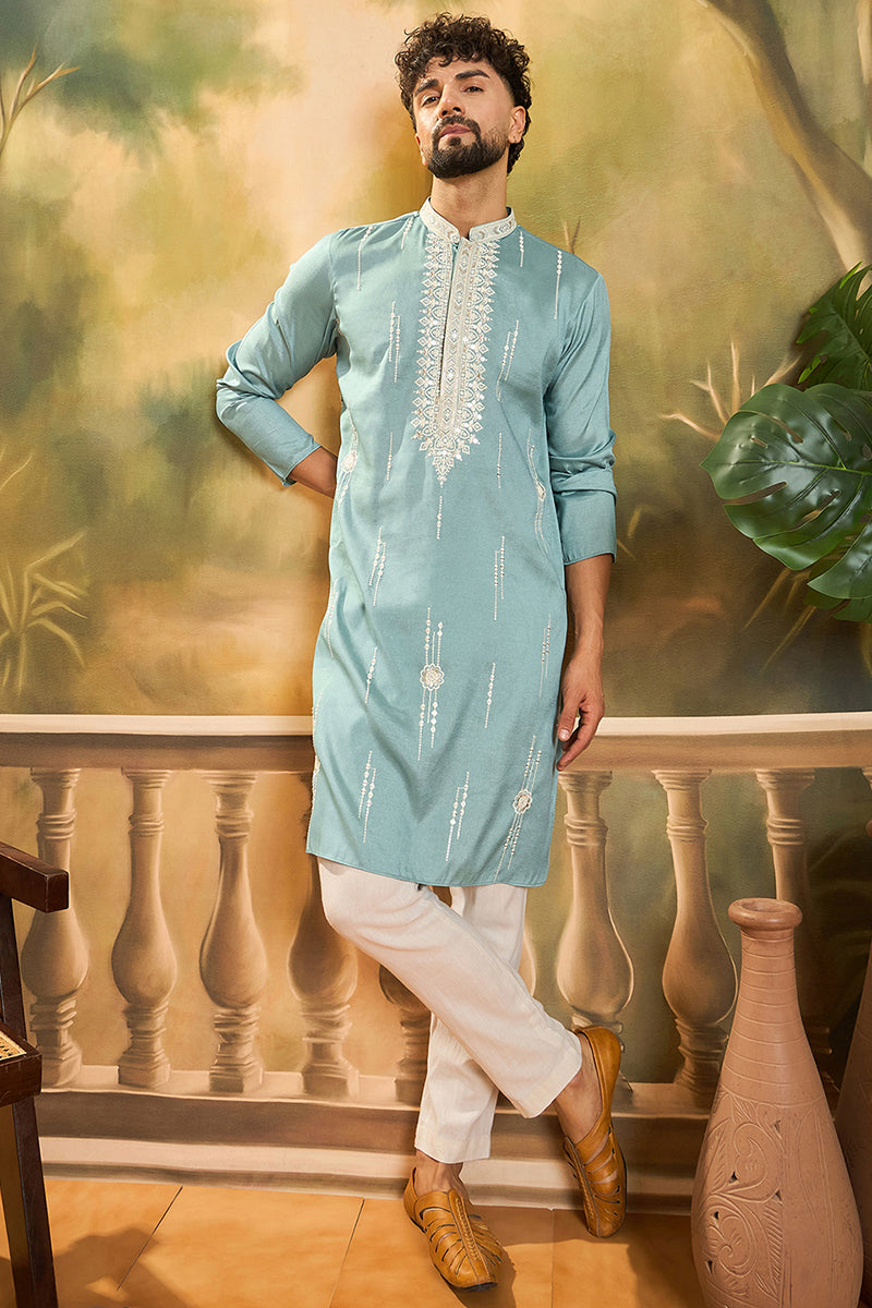 Blue Silk Blend Solid Embroidered Straight Kurta