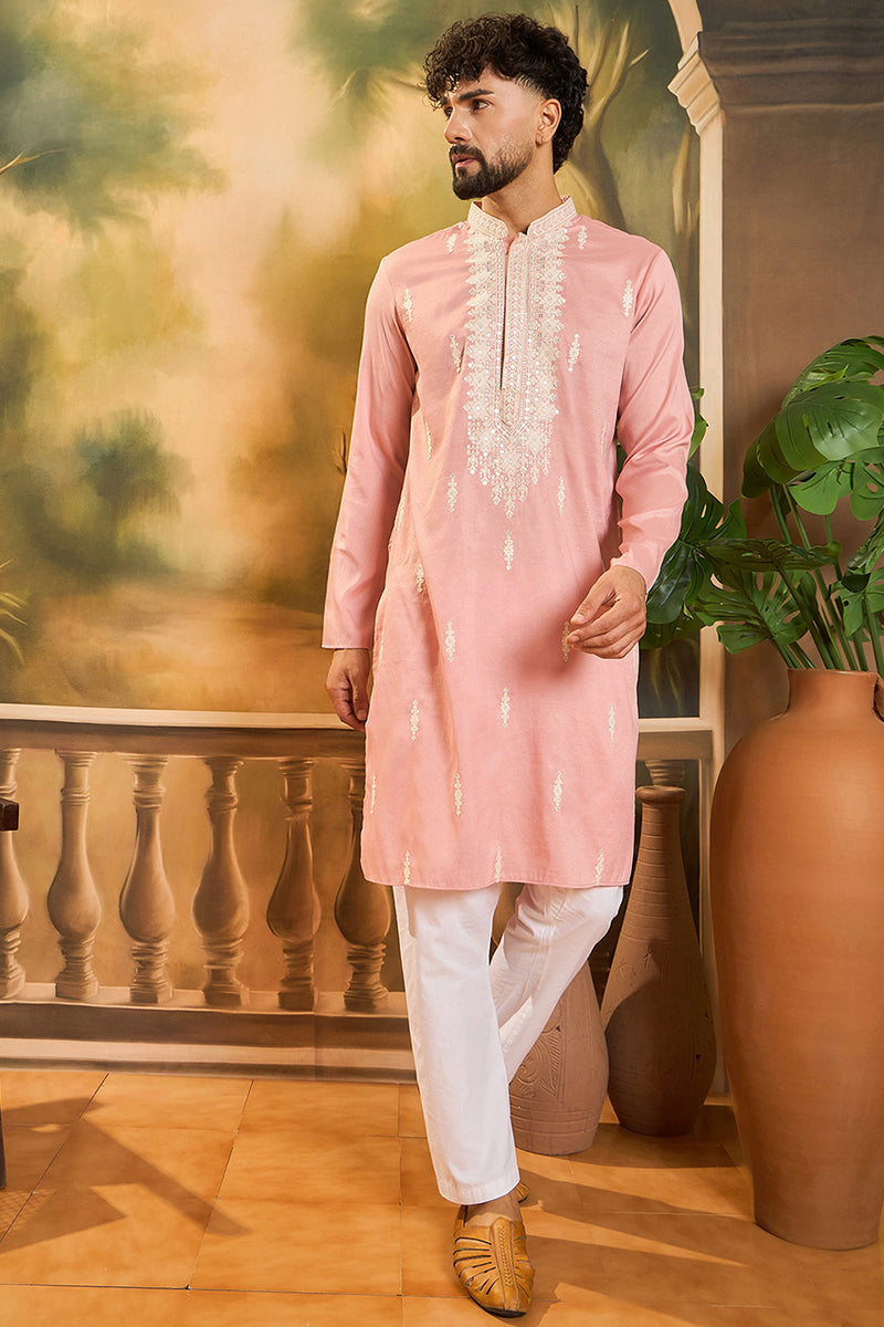 Peach Silk Blend Solid Embroidered Straight Kurta