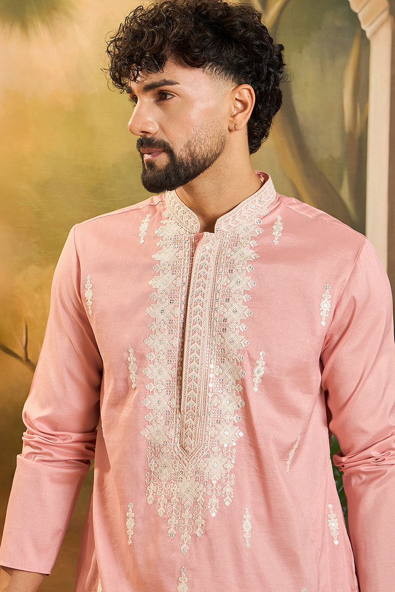 Peach Silk Blend Solid Embroidered Straight Kurta