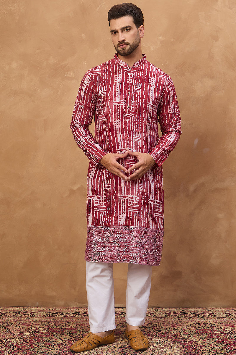 Red Viscose Rayon Batik Embroidered Straight Kurta With Pant Set MKSET1499