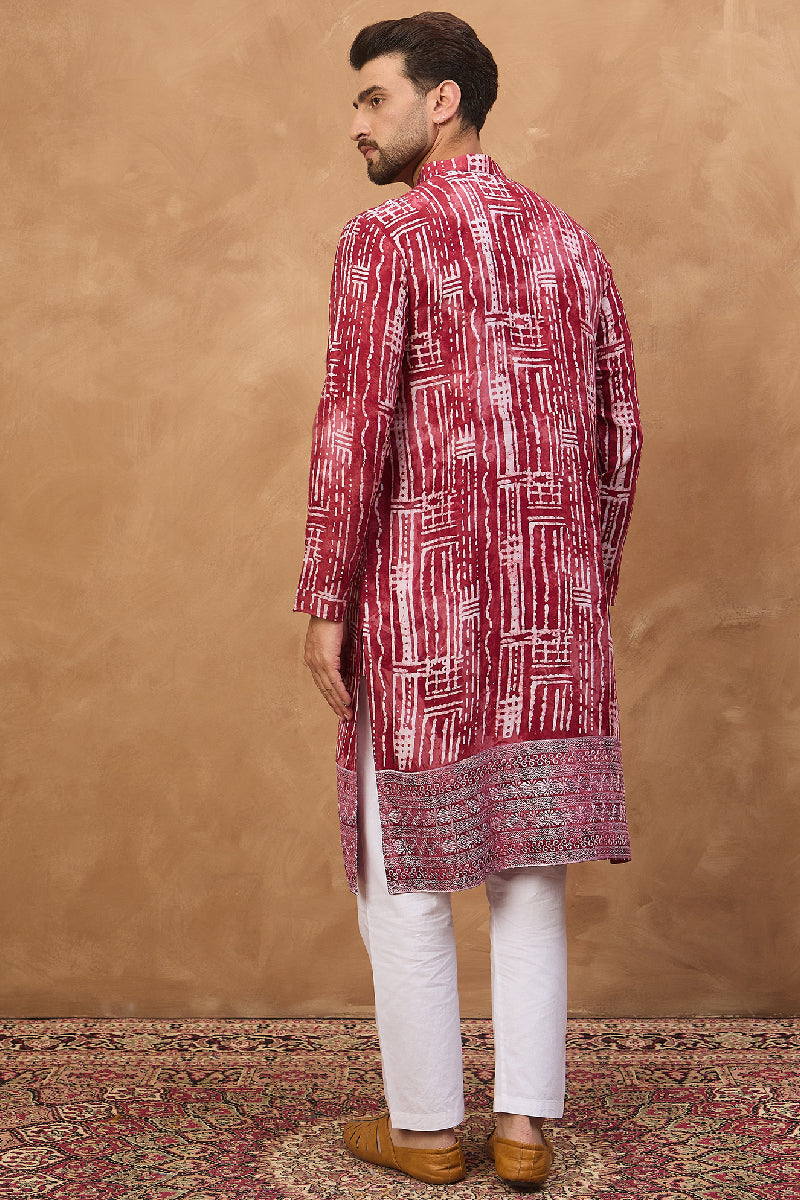 Red Viscose Rayon Batik Embroidered Straight Kurta With Pant Set MKSET1499