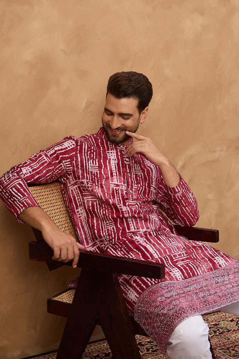 Red Viscose Rayon Batik Embroidered Straight Kurta With Pant Set