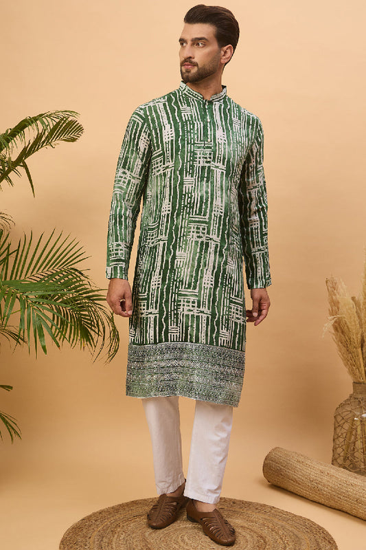Green Viscose Rayon Batik Embroidered Straight Kurta With Pant Set MKSET1500