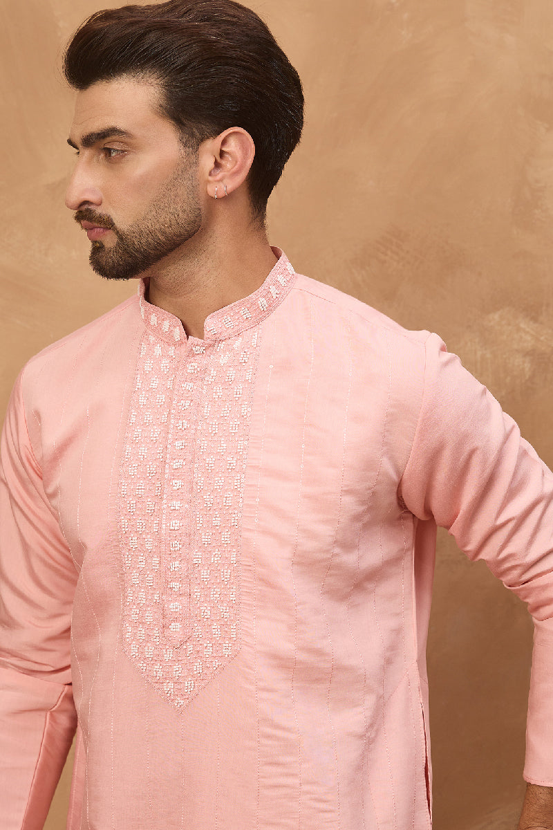 Peach Silk Blend Solid Solid Straight Kurta With Pant Set MKSET1506
