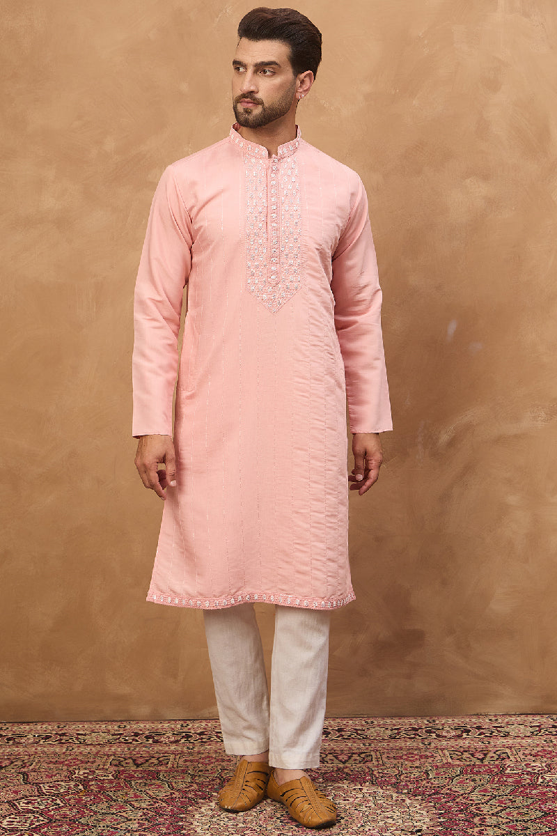 Peach Silk Blend Solid Solid Straight Kurta With Pant Set MKSET1506