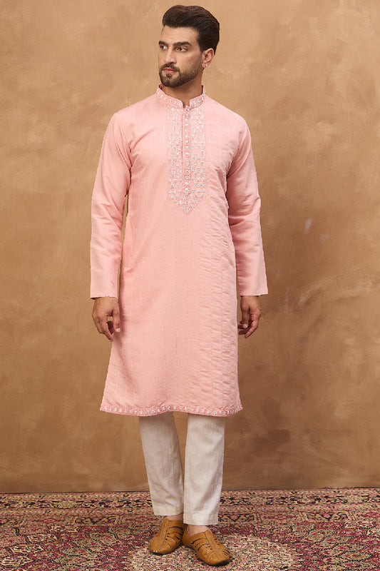 Peach Silk Blend Solid Solid Straight Kurta With Pant Set MKSET1506