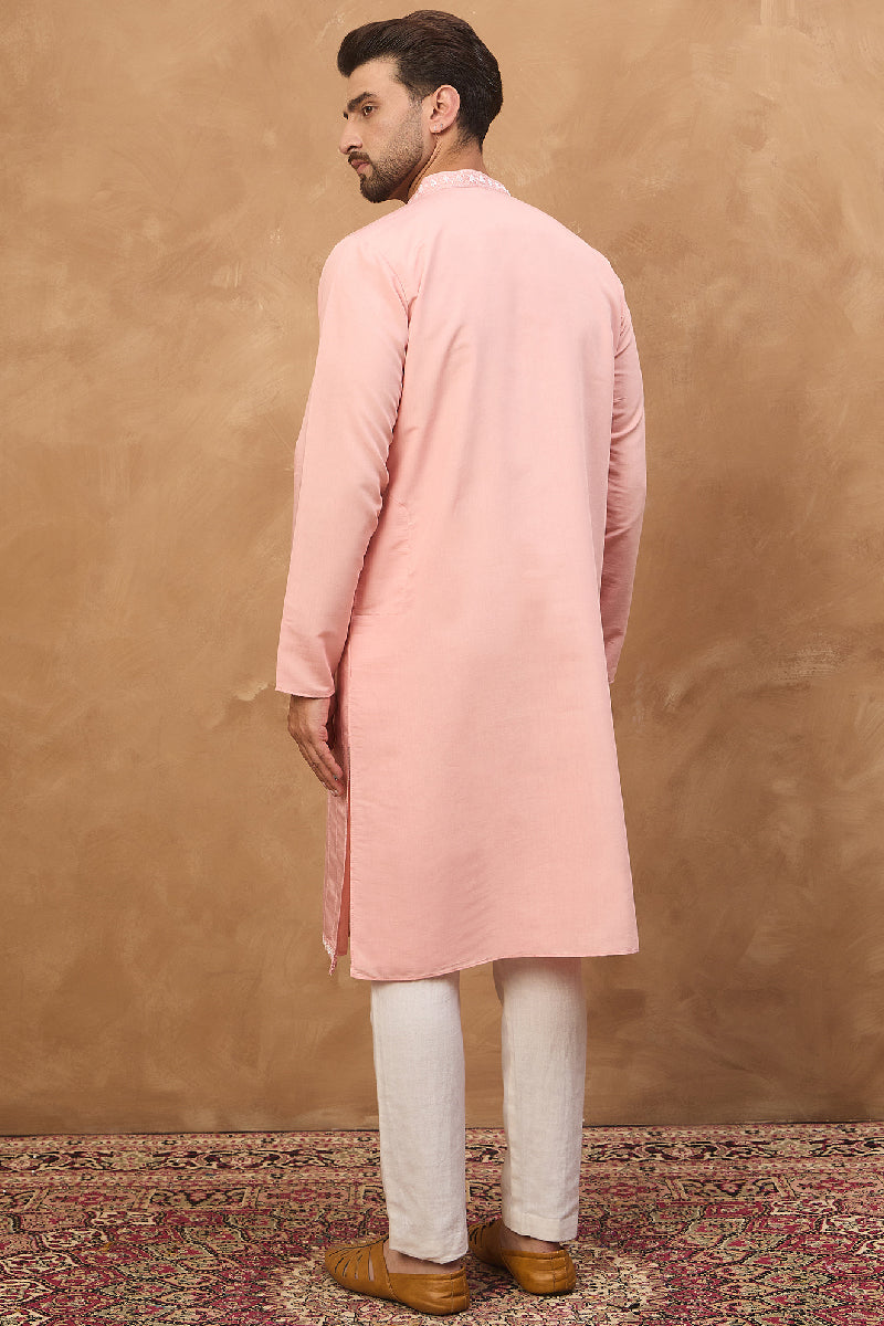 Peach Silk Blend Solid Solid Straight Kurta With Pant Set MKSET1506