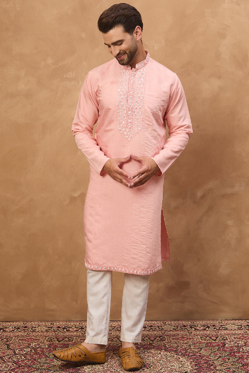 Peach Silk Blend Solid Solid Straight Kurta With Pant Set