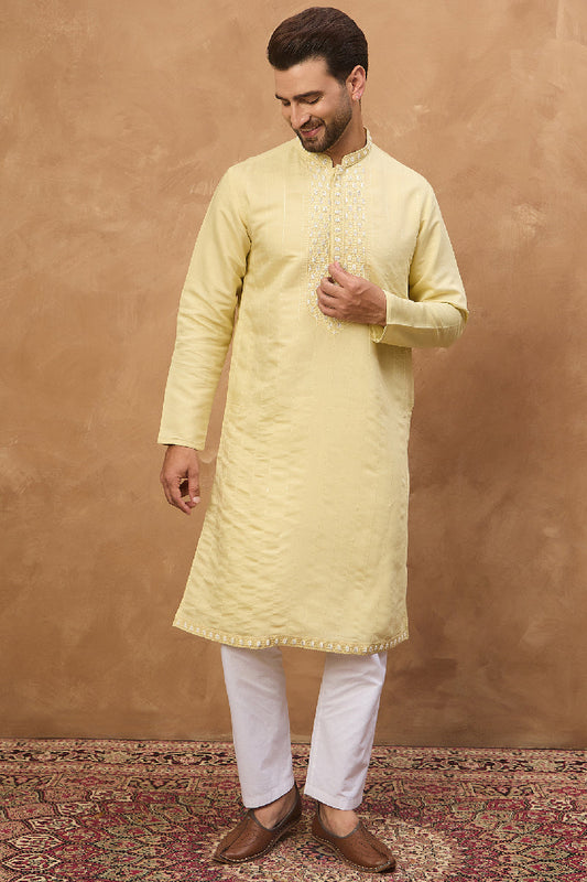 Yellow Silk Blend Solid Embroidered Straight Kurta With Pant Set MKSET1507