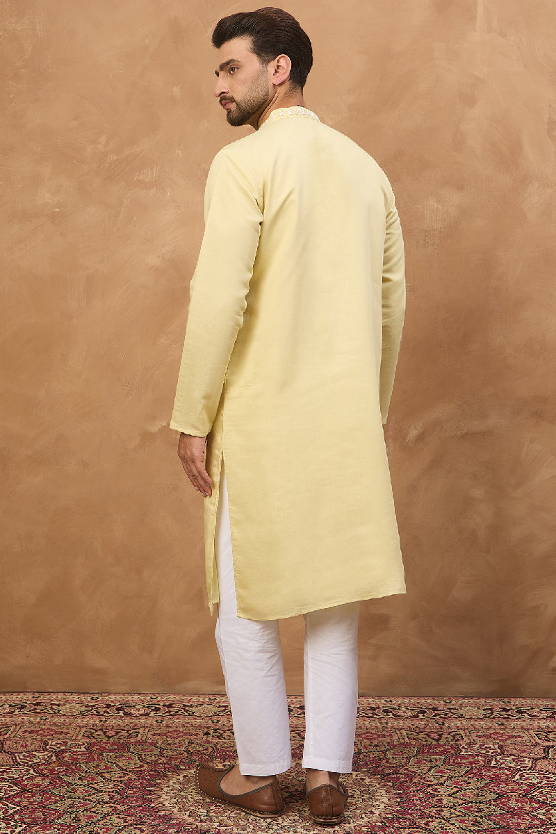 Yellow Silk Blend Solid Embroidered Straight Kurta With Pant Set MKSET1507