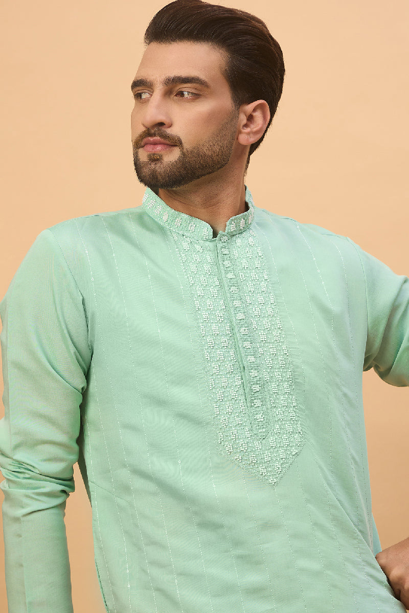 Blue Silk Blend Solid Embroidered Straight Kurta With Pant Set MKSET1508