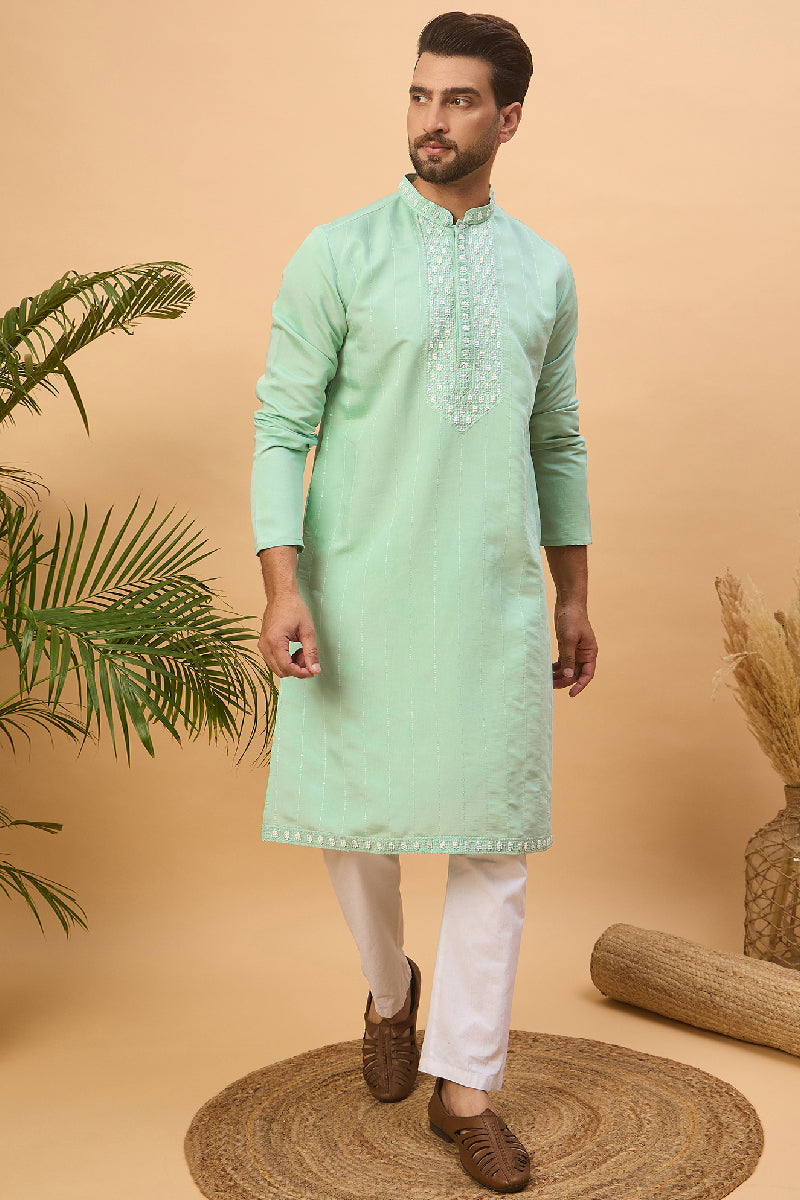 Blue Silk Blend Solid Embroidered Straight Kurta With Pant Set MKSET1508