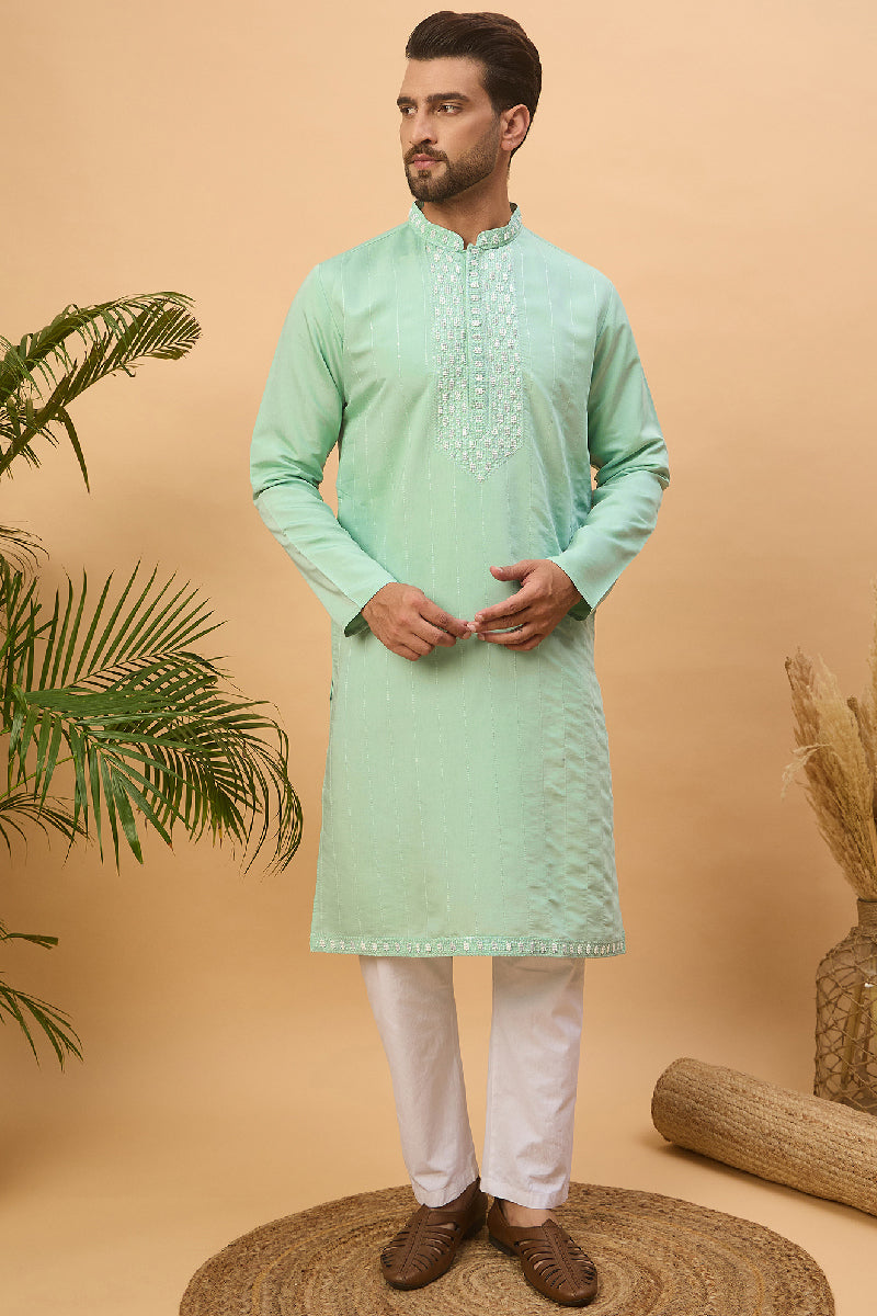 Blue Silk Blend Solid Embroidered Straight Kurta With Pant Set MKSET1508