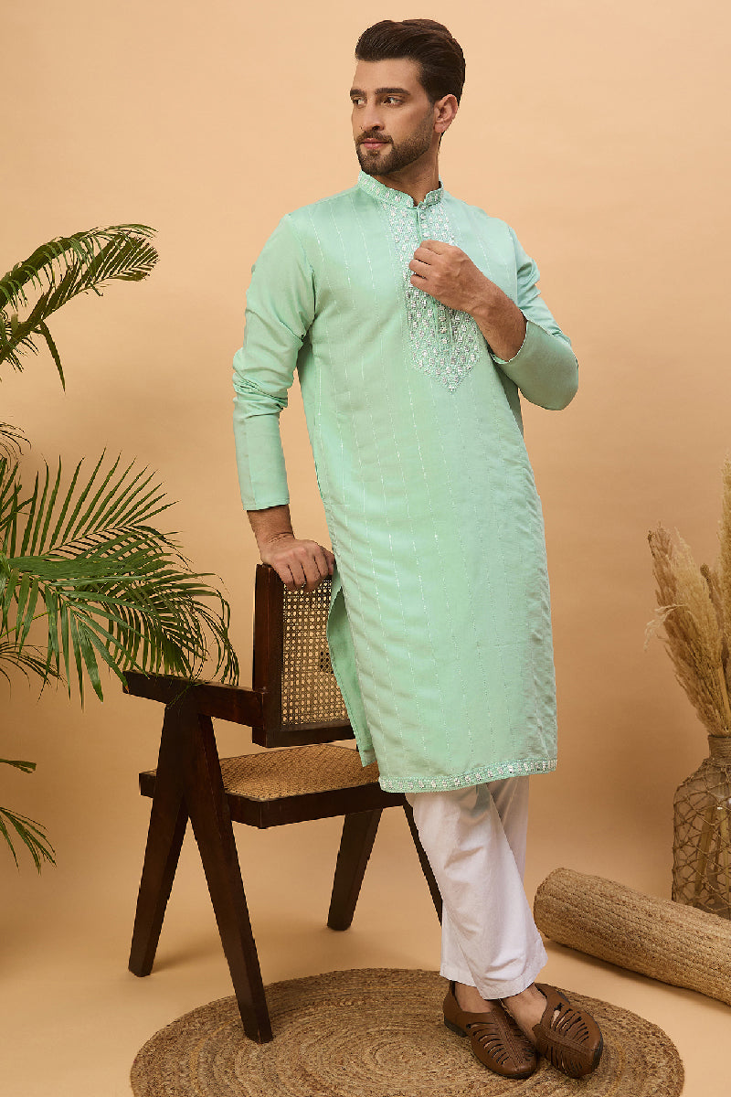 Blue Silk Blend Solid Embroidered Straight Kurta With Pant Set