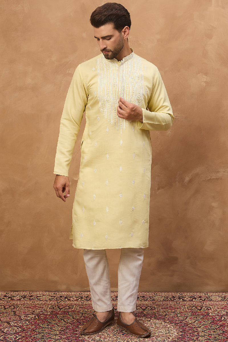 Yellow Silk Blend Solid Embroidered Straight Kurta With Pant Set MKSET1509