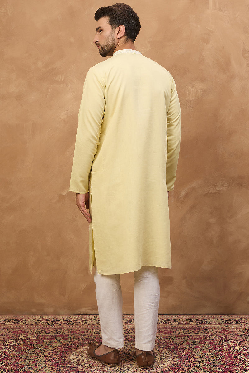 Yellow Silk Blend Solid Embroidered Straight Kurta With Pant Set MKSET1509
