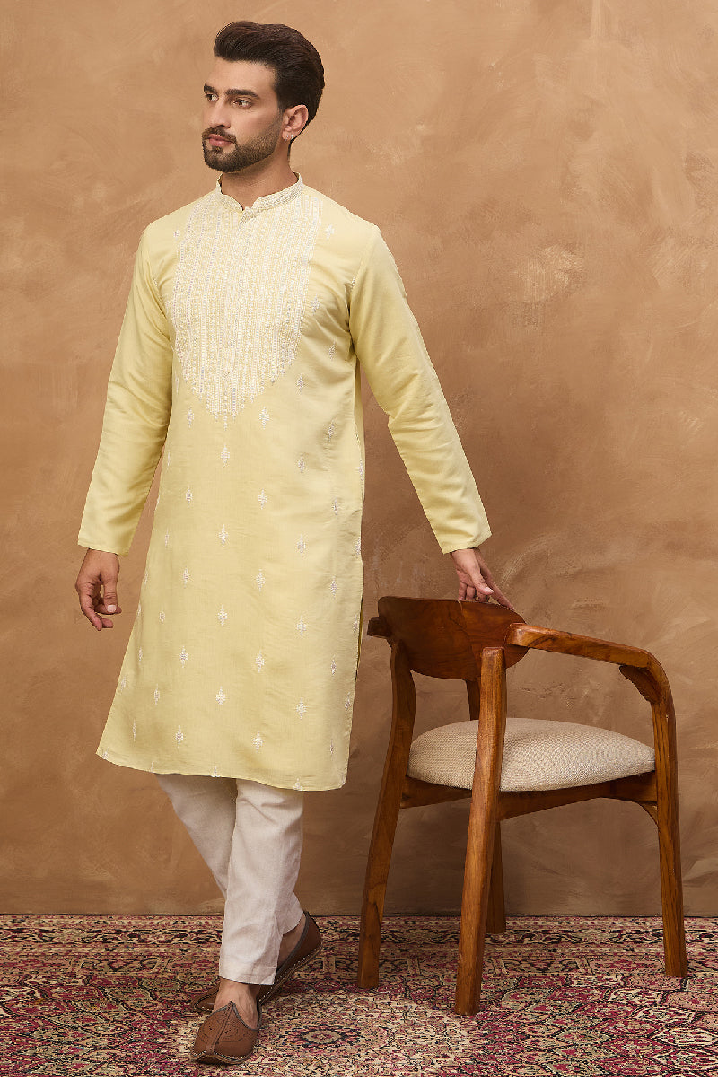 Yellow Silk Blend Solid Embroidered Straight Kurta With Pant Set