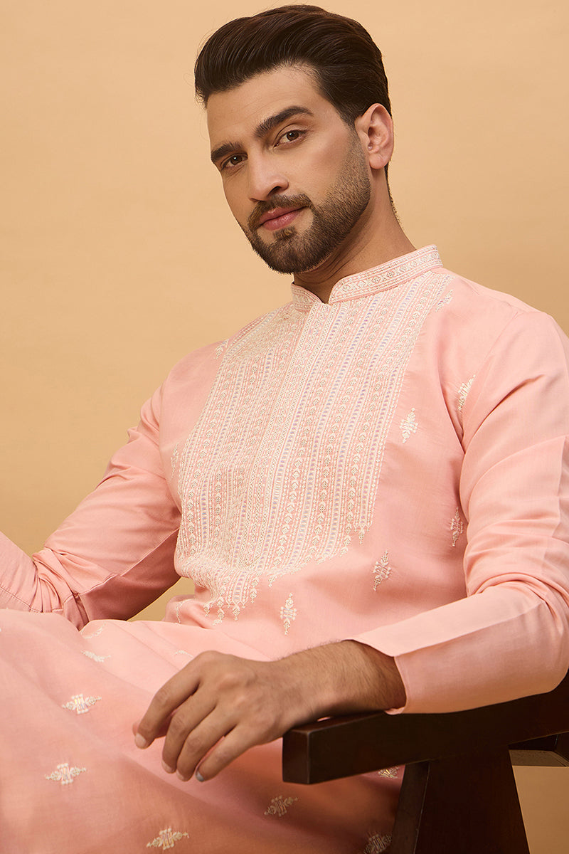 Peach Silk Blend Solid Embroidered Straight Kurta MKU1510