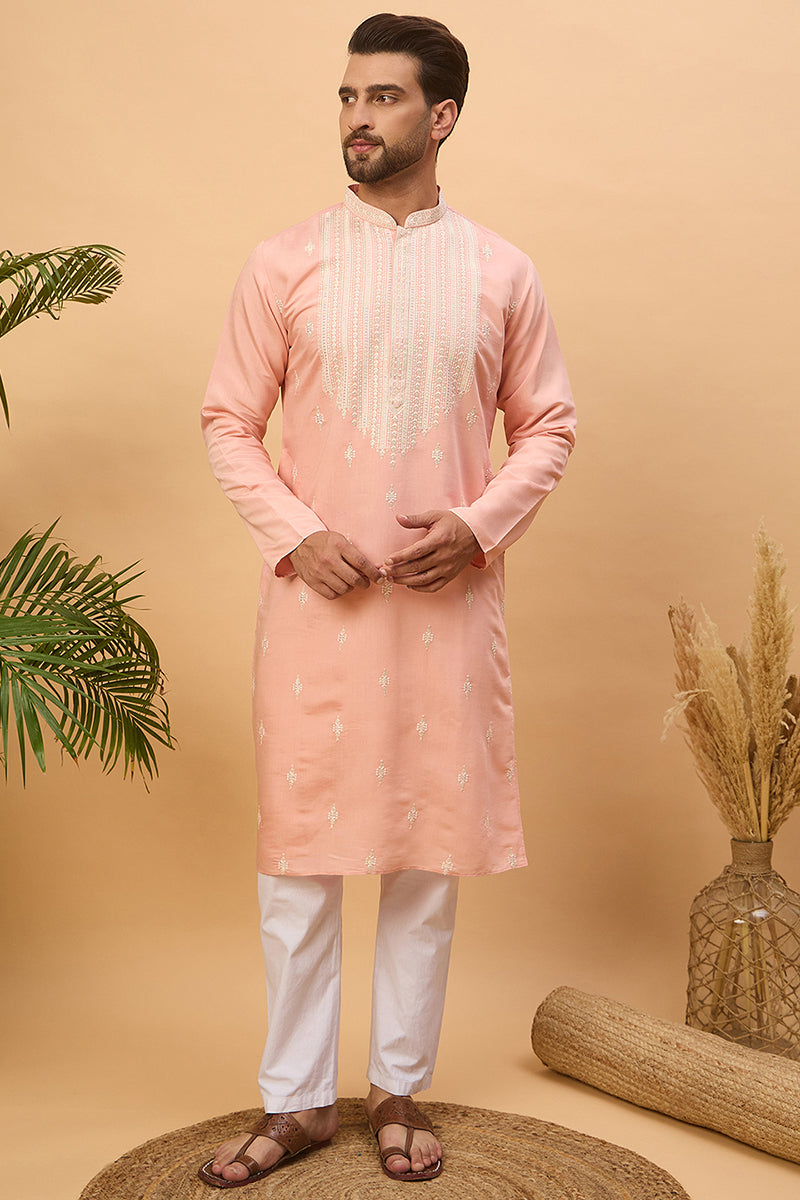 Peach Silk Blend Solid Embroidered Straight Kurta MKU1510