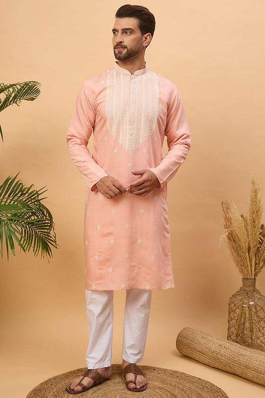 Peach Silk Blend Solid Embroidered Straight Kurta MKU1510