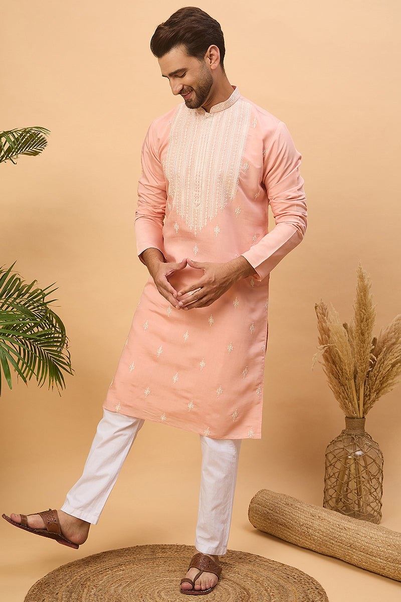 Peach Silk Blend Solid Embroidered Straight Kurta MKU1510