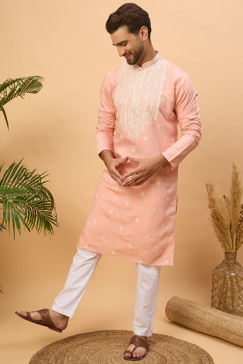 Peach Silk Blend Solid Embroidered Straight Kurta With Pant Set MKSET1510