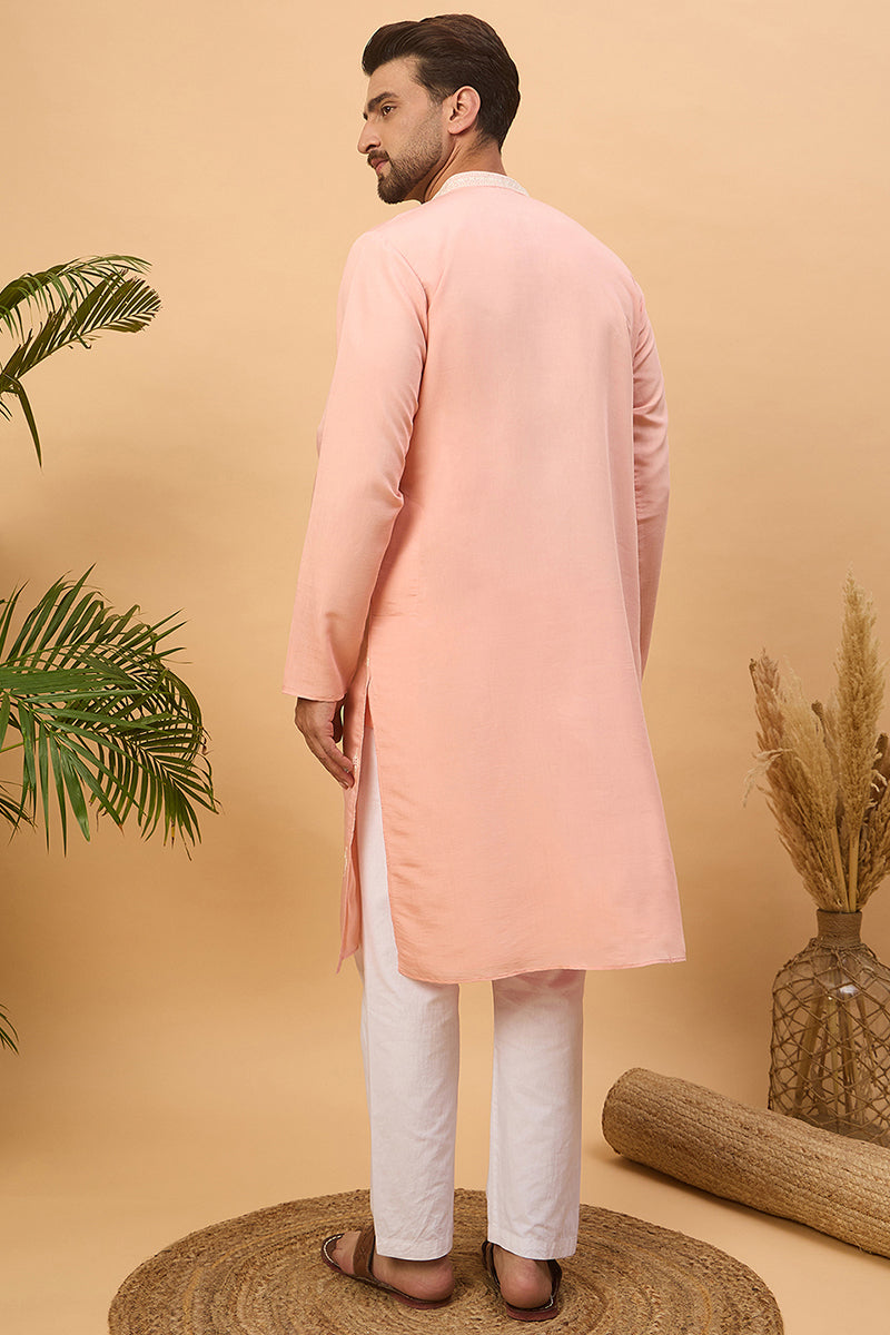 Peach Silk Blend Solid Embroidered Straight Kurta MKU1510
