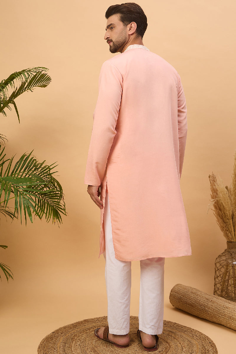 Peach Silk Blend Solid Embroidered Straight Kurta With Pant Set MKSET1510