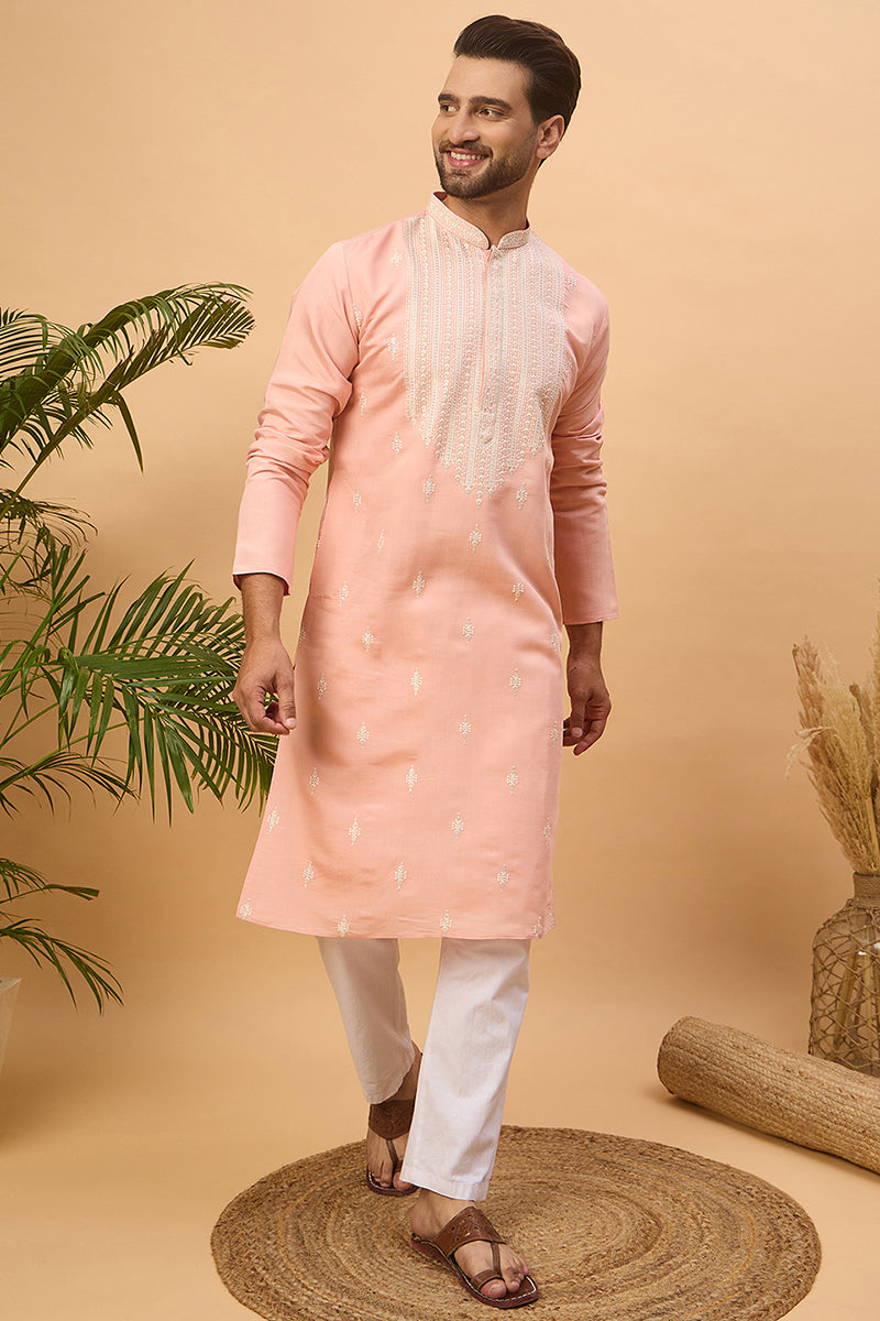 Peach Silk Blend Solid Embroidered Straight Kurta