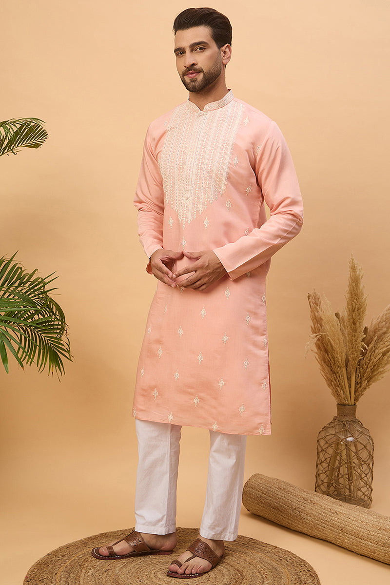 Peach Silk Blend Solid Embroidered Straight Kurta