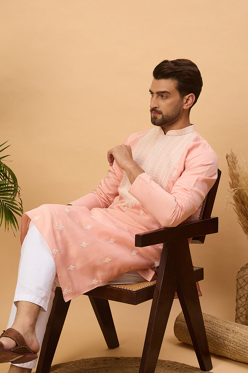 Peach Silk Blend Solid Embroidered Straight Kurta