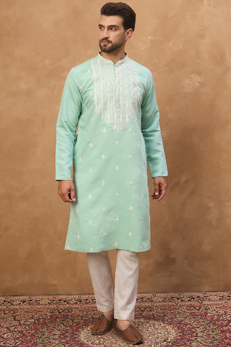 Blue Silk Blend Solid Embroidered Straight Kurta With Pant Set MKSET1511