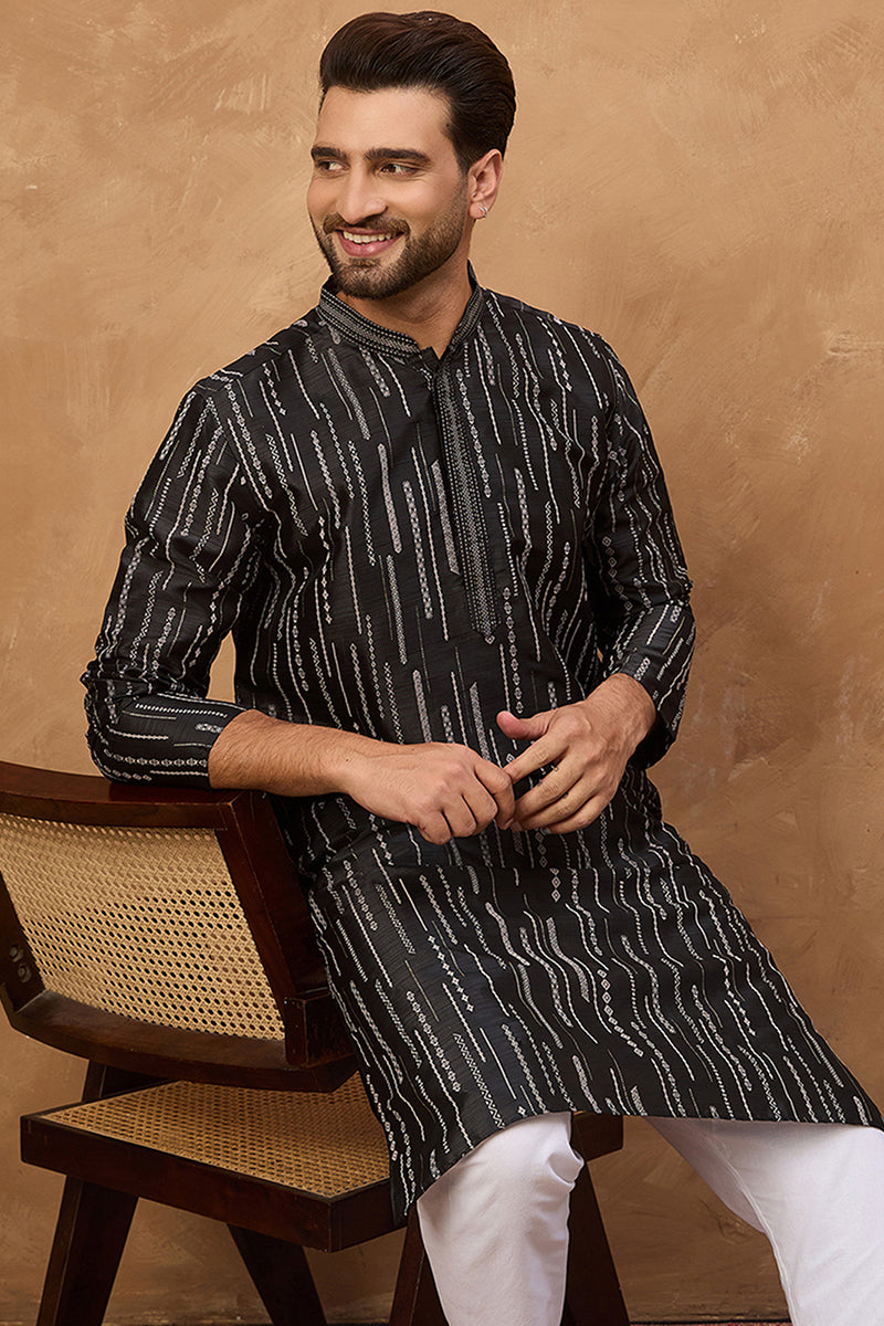 Black Silk Blend Geometric Printed Straight Kurta MKU1516