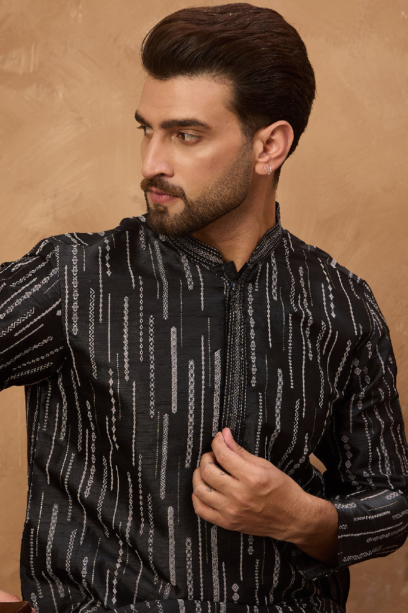 black silk blend geometric printed straight kurta with pant set