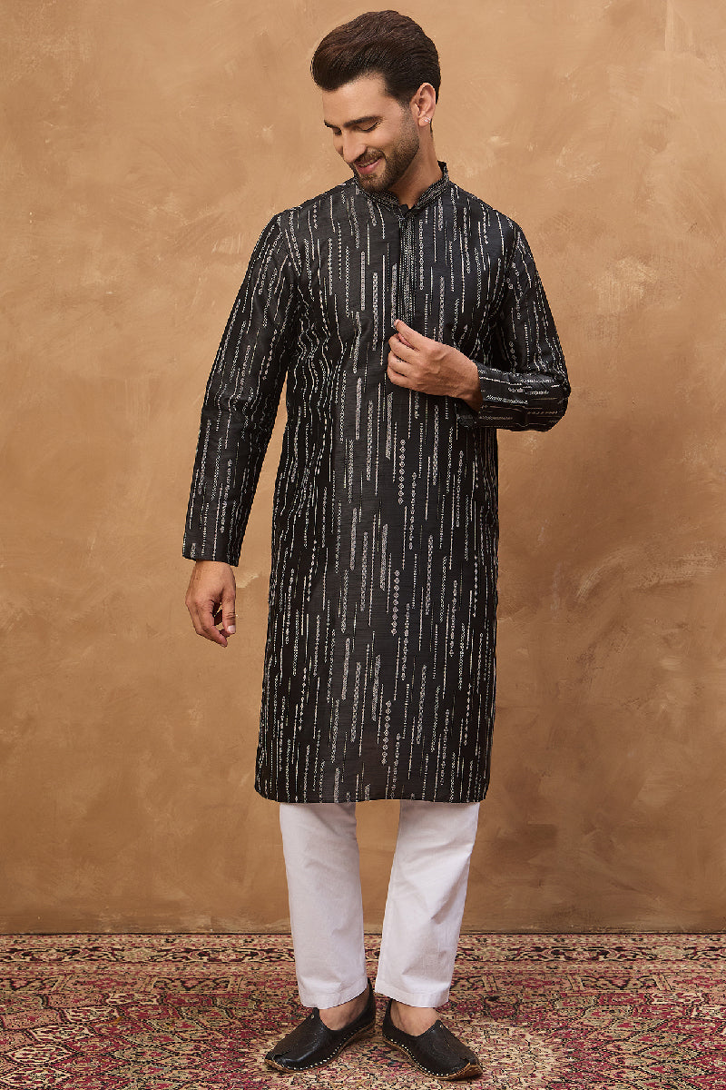 Black Silk Blend Geometric Printed Straight Kurta MKU1516