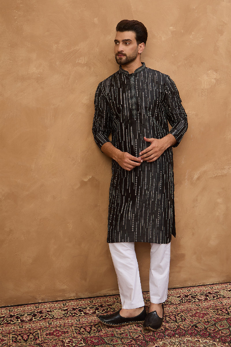 Black Silk Blend Geometric Printed Straight Kurta MKU1516